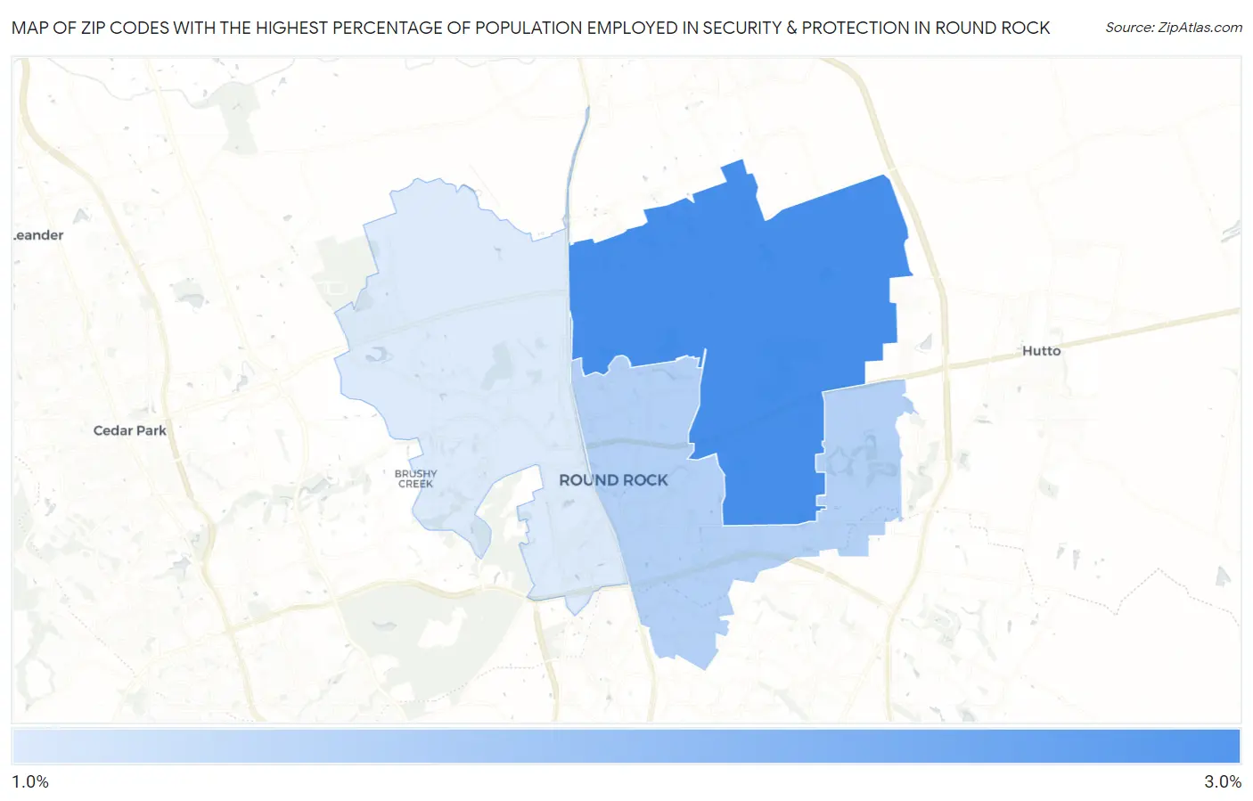 Zip Codes with the Highest Percentage of Population Employed in Security & Protection in Round Rock Map