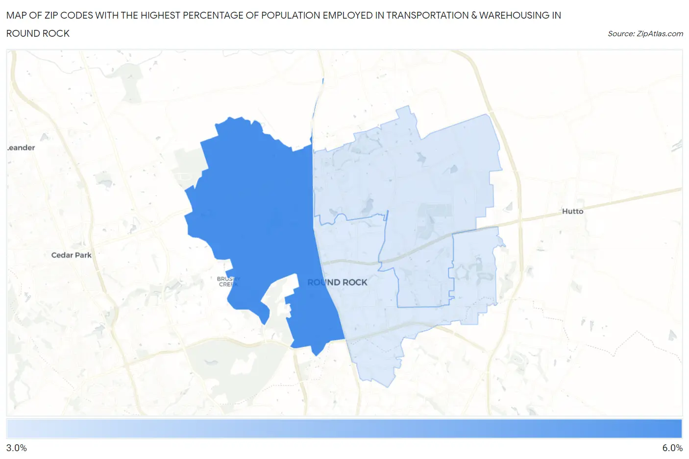 Zip Codes with the Highest Percentage of Population Employed in Transportation & Warehousing in Round Rock Map