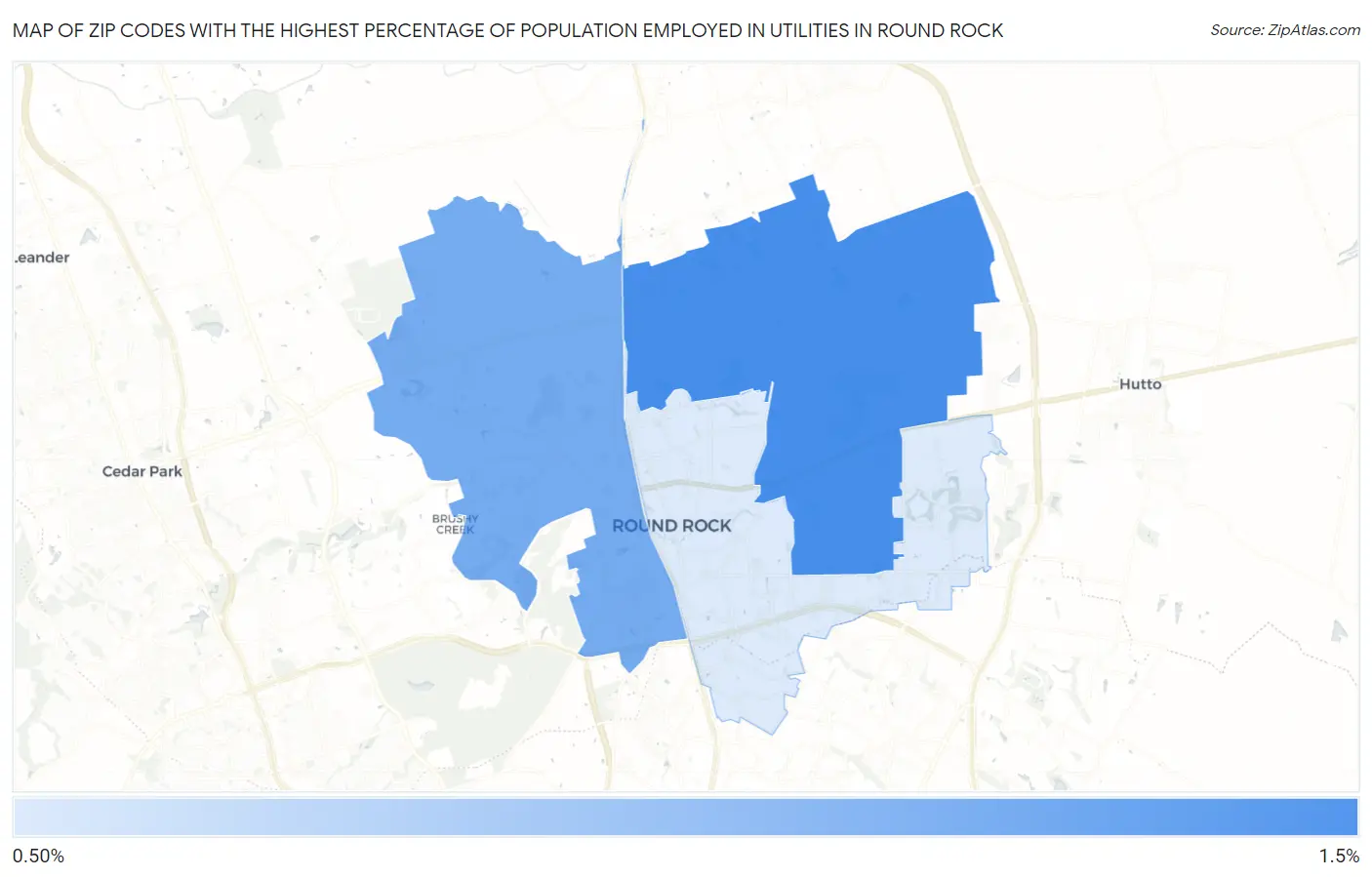 Zip Codes with the Highest Percentage of Population Employed in Utilities in Round Rock Map