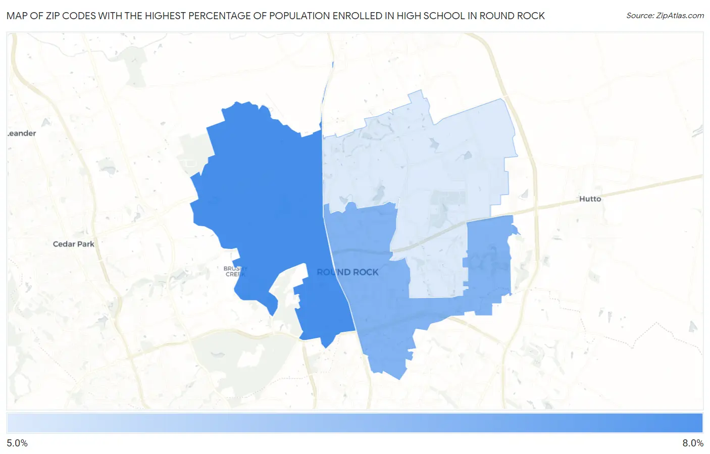 Zip Codes with the Highest Percentage of Population Enrolled in High School in Round Rock Map