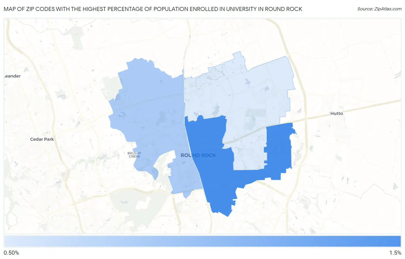 Zip Codes with the Highest Percentage of Population Enrolled in University in Round Rock Map
