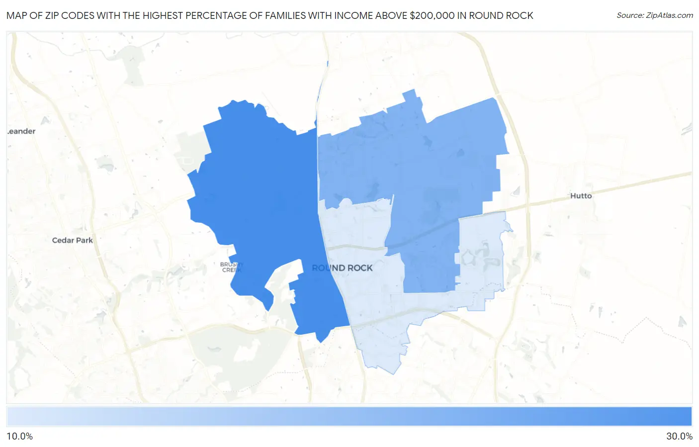 Zip Codes with the Highest Percentage of Families with Income Above $200,000 in Round Rock Map