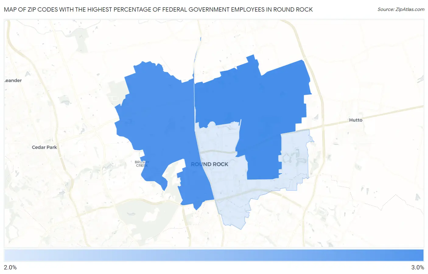 Zip Codes with the Highest Percentage of Federal Government Employees in Round Rock Map