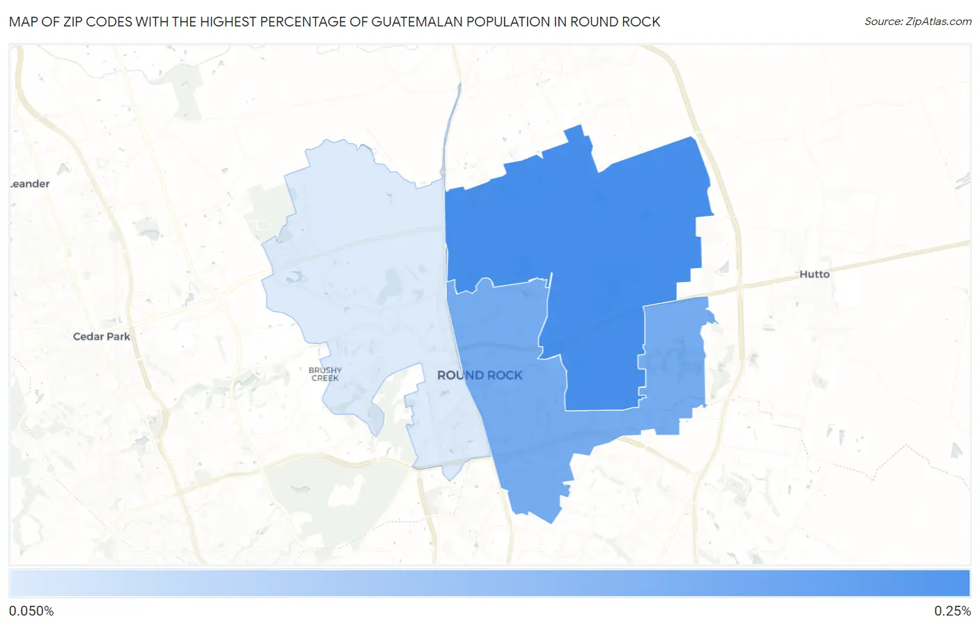 Zip Codes with the Highest Percentage of Guatemalan Population in Round Rock Map