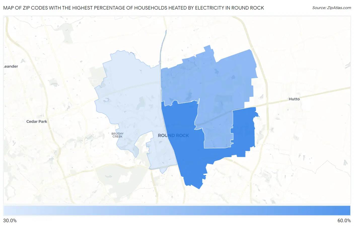 Zip Codes with the Highest Percentage of Households Heated by Electricity in Round Rock Map