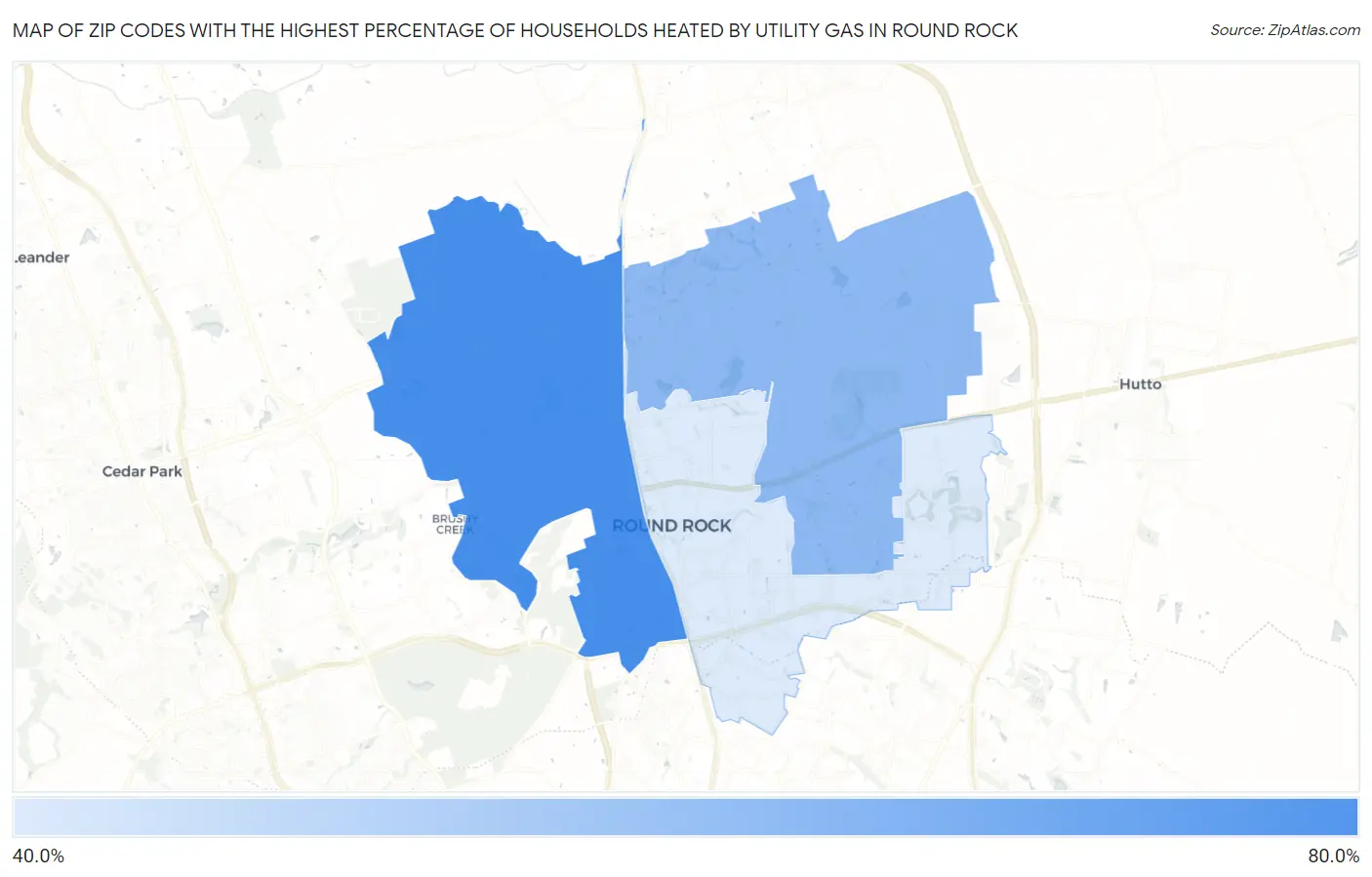 Zip Codes with the Highest Percentage of Households Heated by Utility Gas in Round Rock Map