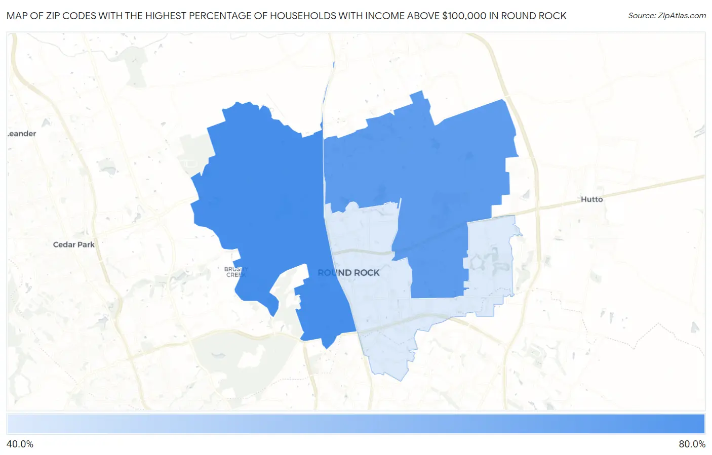 Zip Codes with the Highest Percentage of Households with Income Above $100,000 in Round Rock Map