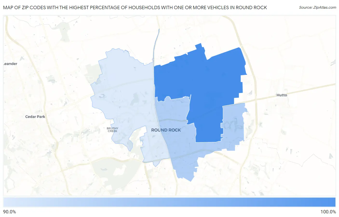 Zip Codes with the Highest Percentage of Households With One or more Vehicles in Round Rock Map