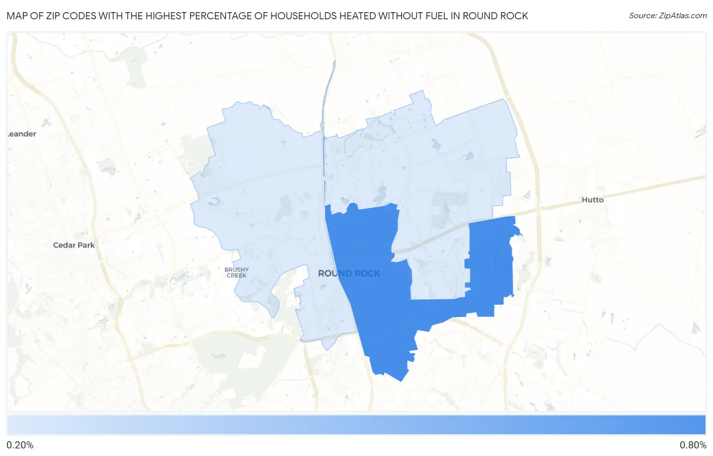 Zip Codes with the Highest Percentage of Households Heated without Fuel in Round Rock Map