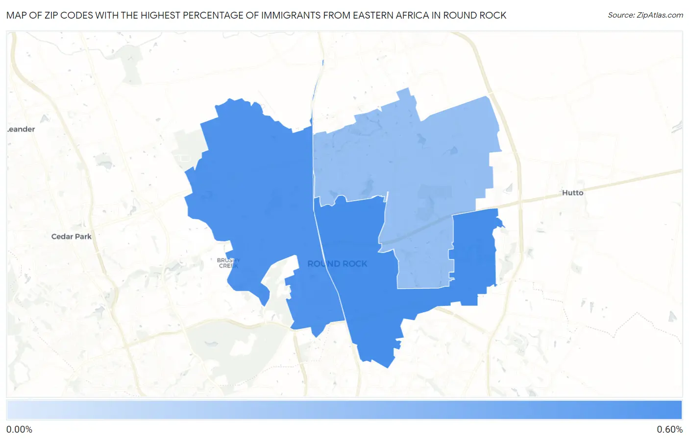 Zip Codes with the Highest Percentage of Immigrants from Eastern Africa in Round Rock Map