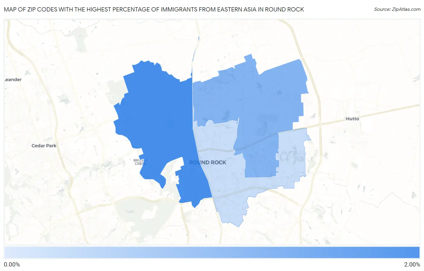 Zip Codes with the Highest Percentage of Immigrants from Eastern Asia in Round Rock Map