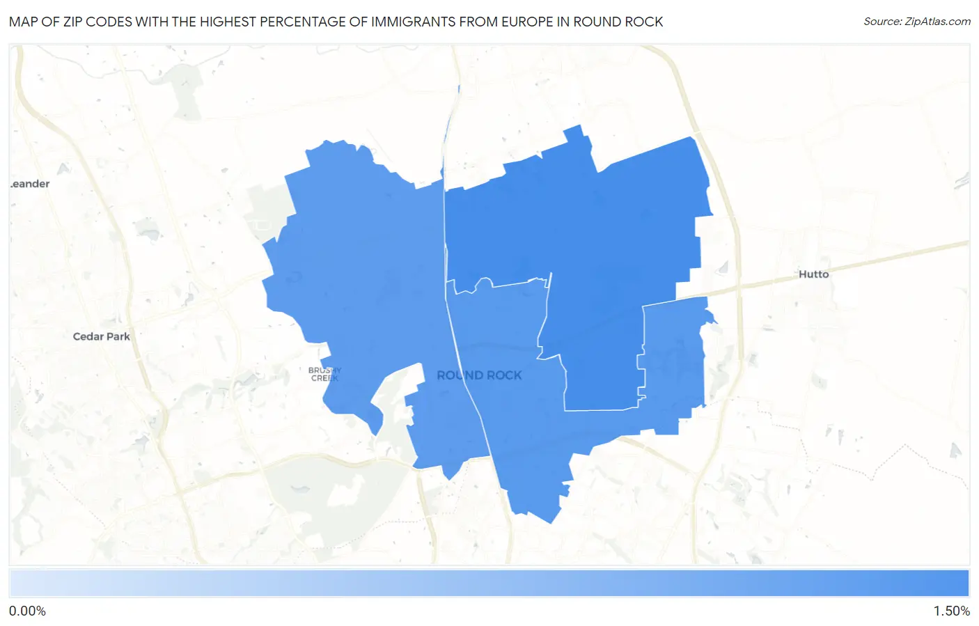 Zip Codes with the Highest Percentage of Immigrants from Europe in Round Rock Map