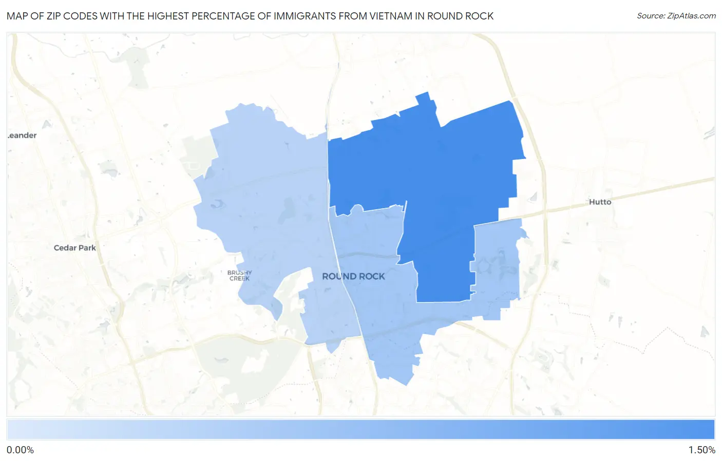 Zip Codes with the Highest Percentage of Immigrants from Vietnam in Round Rock Map