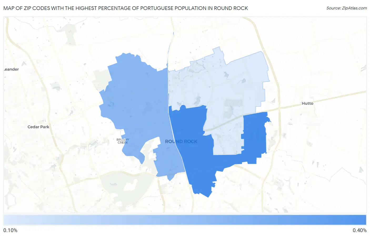 Zip Codes with the Highest Percentage of Portuguese Population in Round Rock Map
