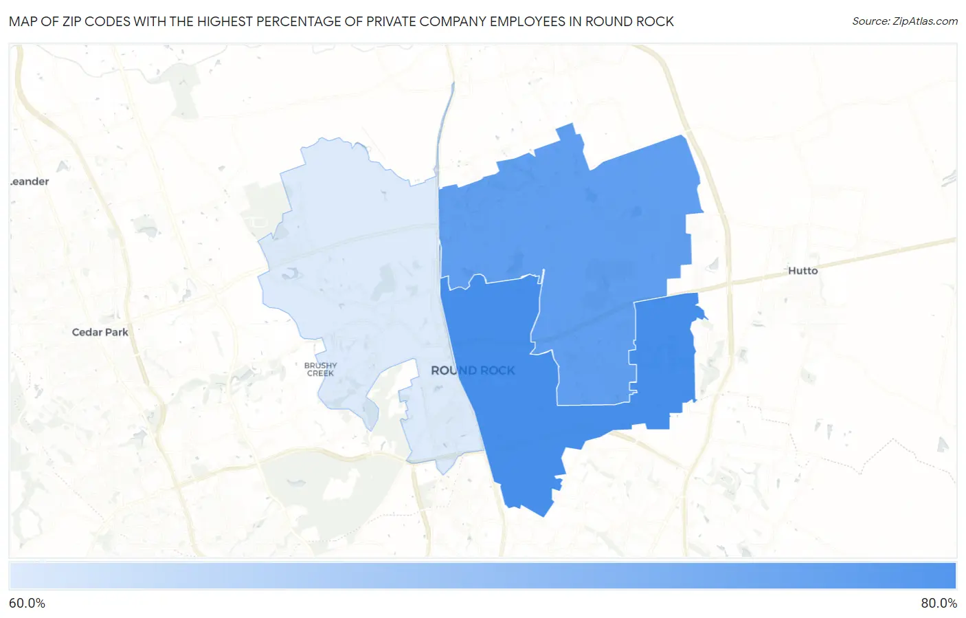 Zip Codes with the Highest Percentage of Private Company Employees in Round Rock Map