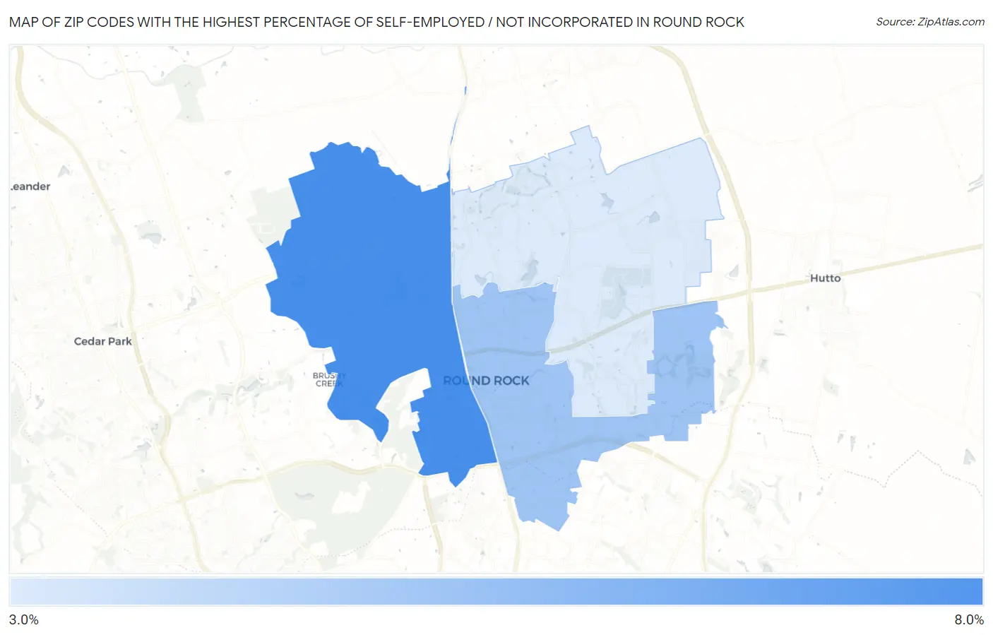 Zip Codes with the Highest Percentage of Self-Employed / Not Incorporated in Round Rock Map