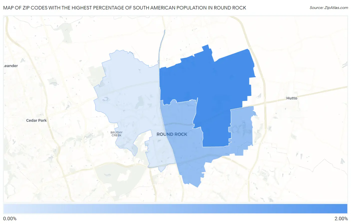 Zip Codes with the Highest Percentage of South American Population in Round Rock Map