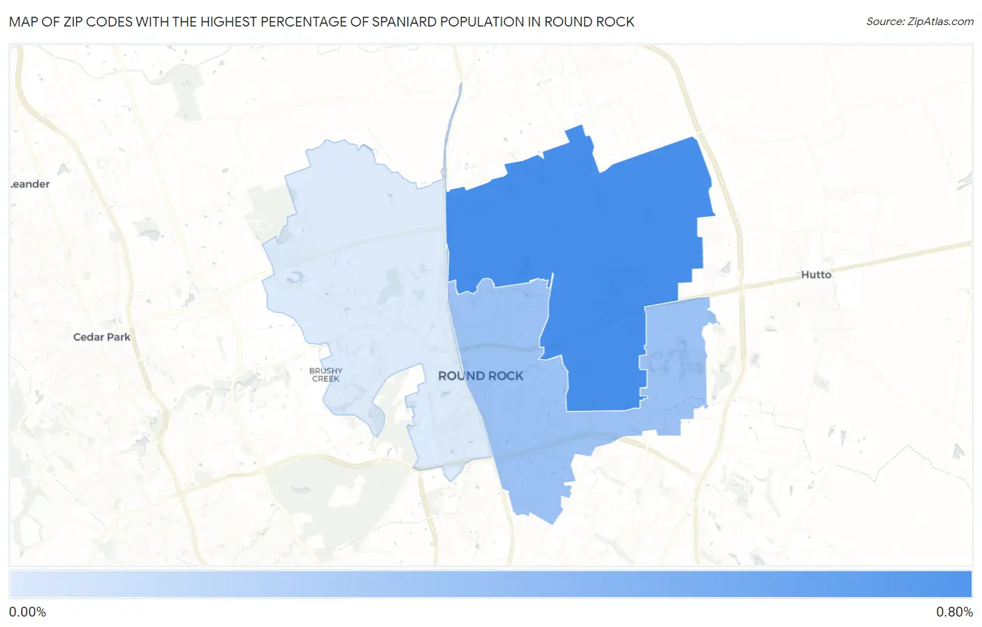 Zip Codes with the Highest Percentage of Spaniard Population in Round Rock Map