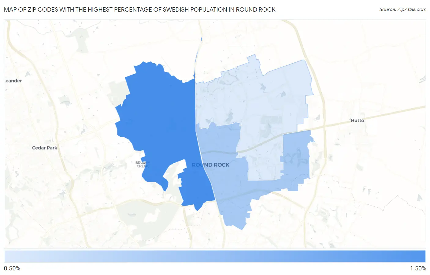 Zip Codes with the Highest Percentage of Swedish Population in Round Rock Map