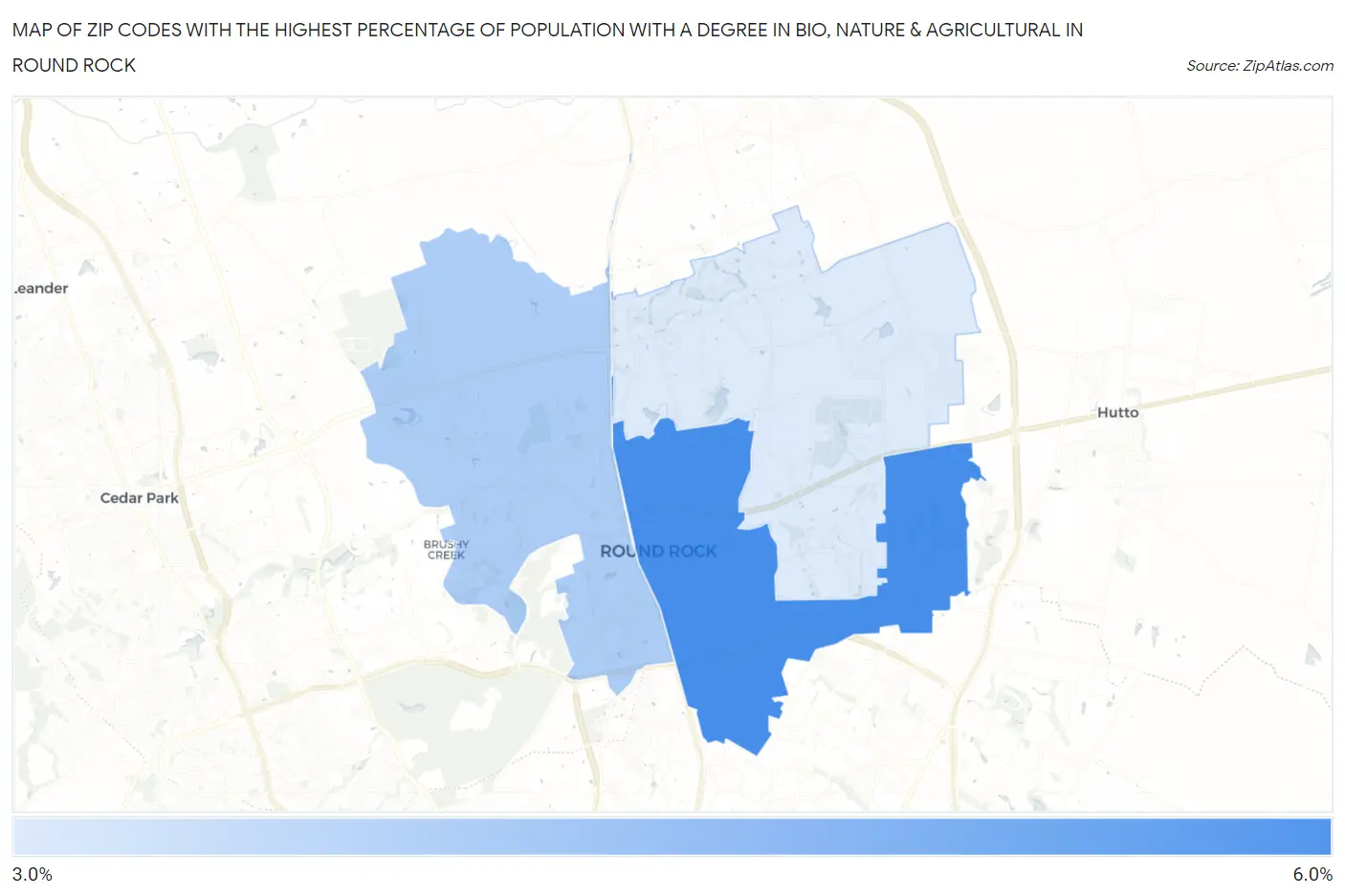 Zip Codes with the Highest Percentage of Population with a Degree in Bio, Nature & Agricultural in Round Rock Map