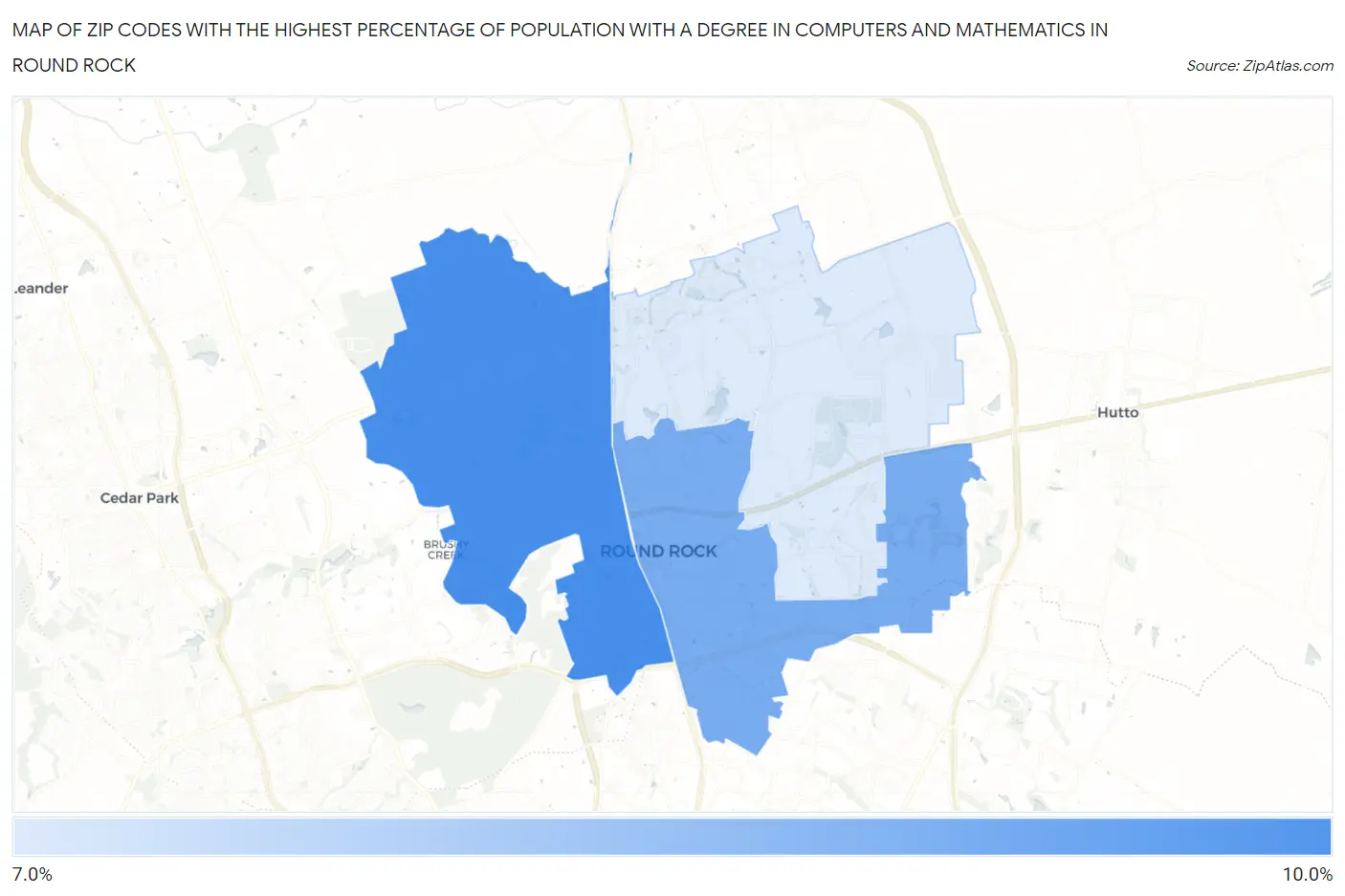 Zip Codes with the Highest Percentage of Population with a Degree in Computers and Mathematics in Round Rock Map