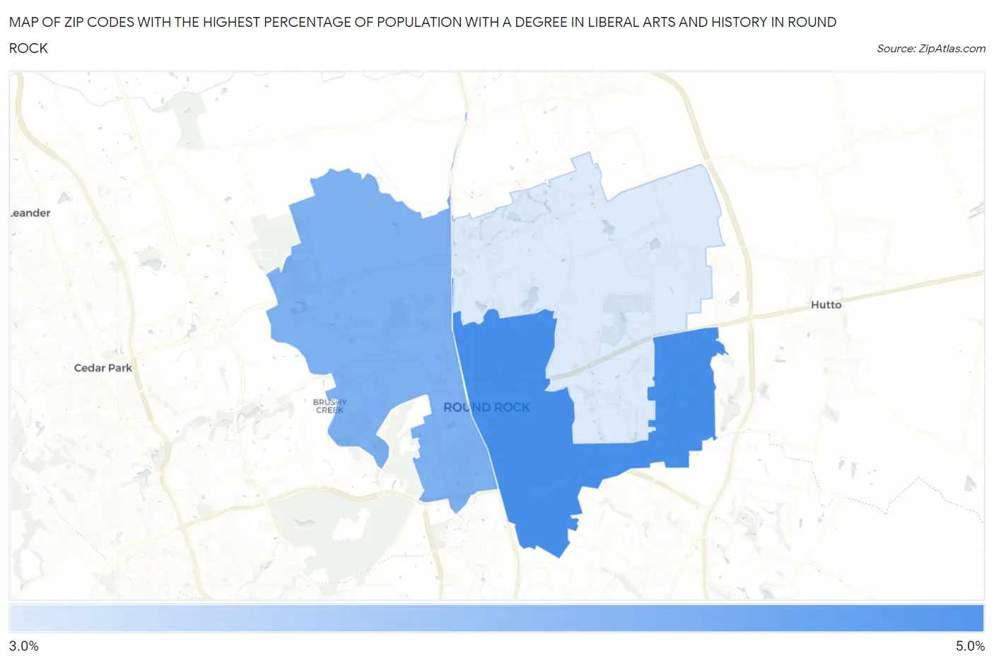 Zip Codes with the Highest Percentage of Population with a Degree in Liberal Arts and History in Round Rock Map