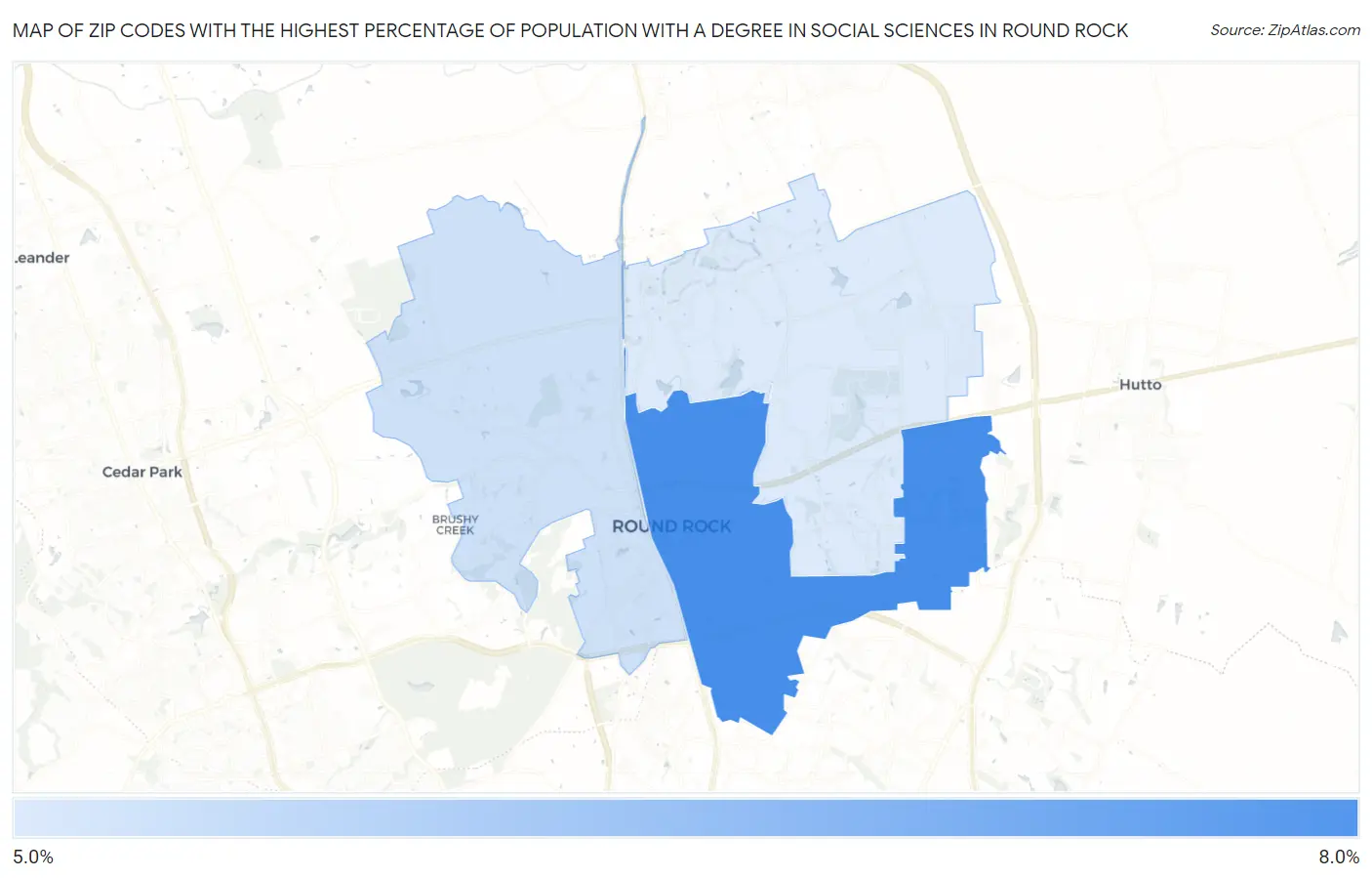 Zip Codes with the Highest Percentage of Population with a Degree in Social Sciences in Round Rock Map