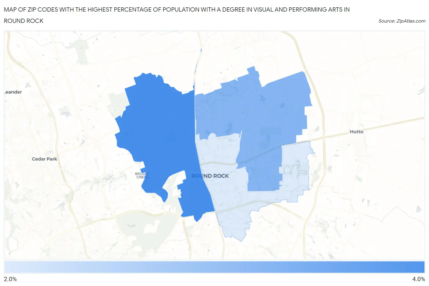 Zip Codes with the Highest Percentage of Population with a Degree in Visual and Performing Arts in Round Rock Map