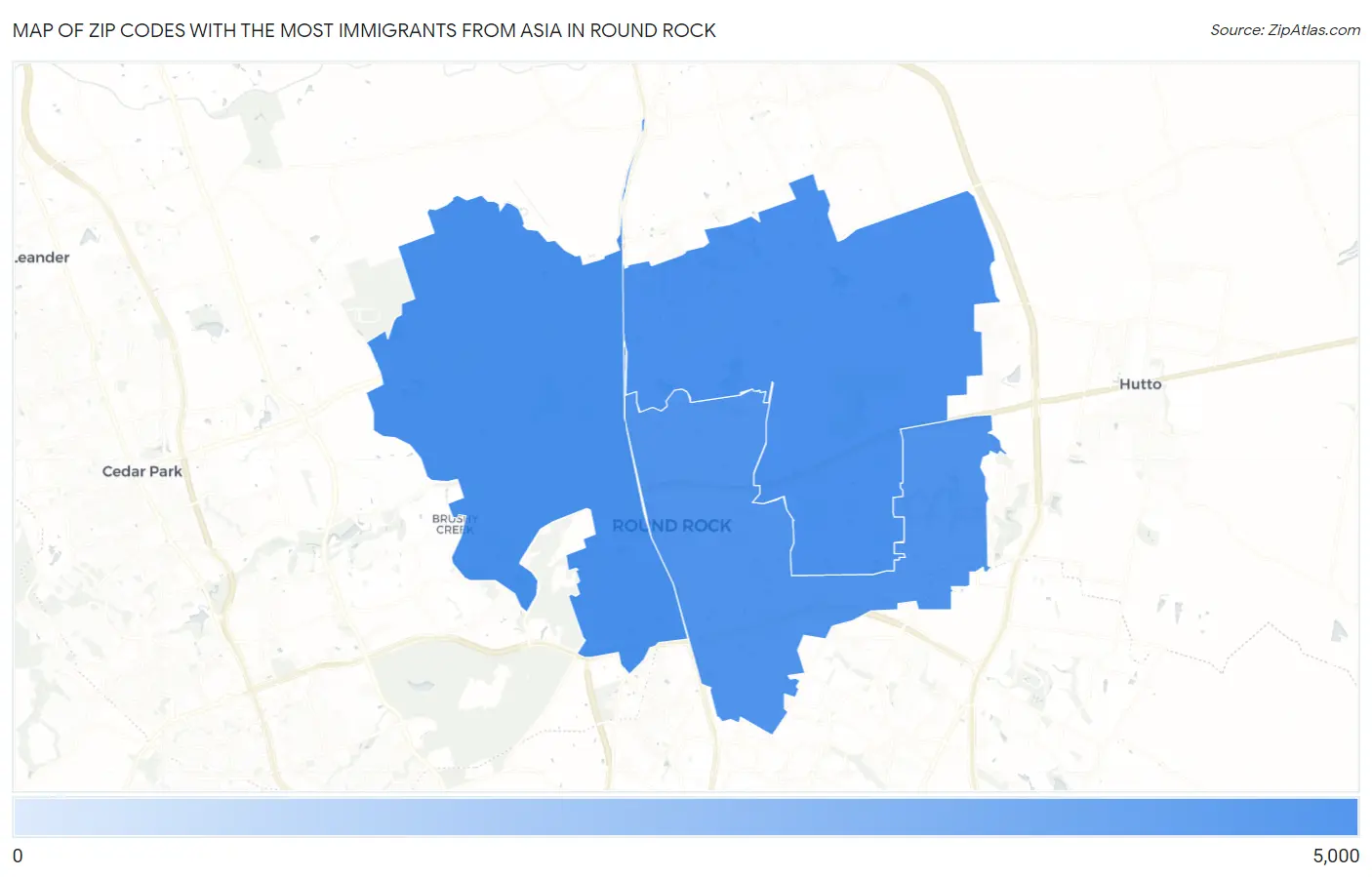 Zip Codes with the Most Immigrants from Asia in Round Rock Map