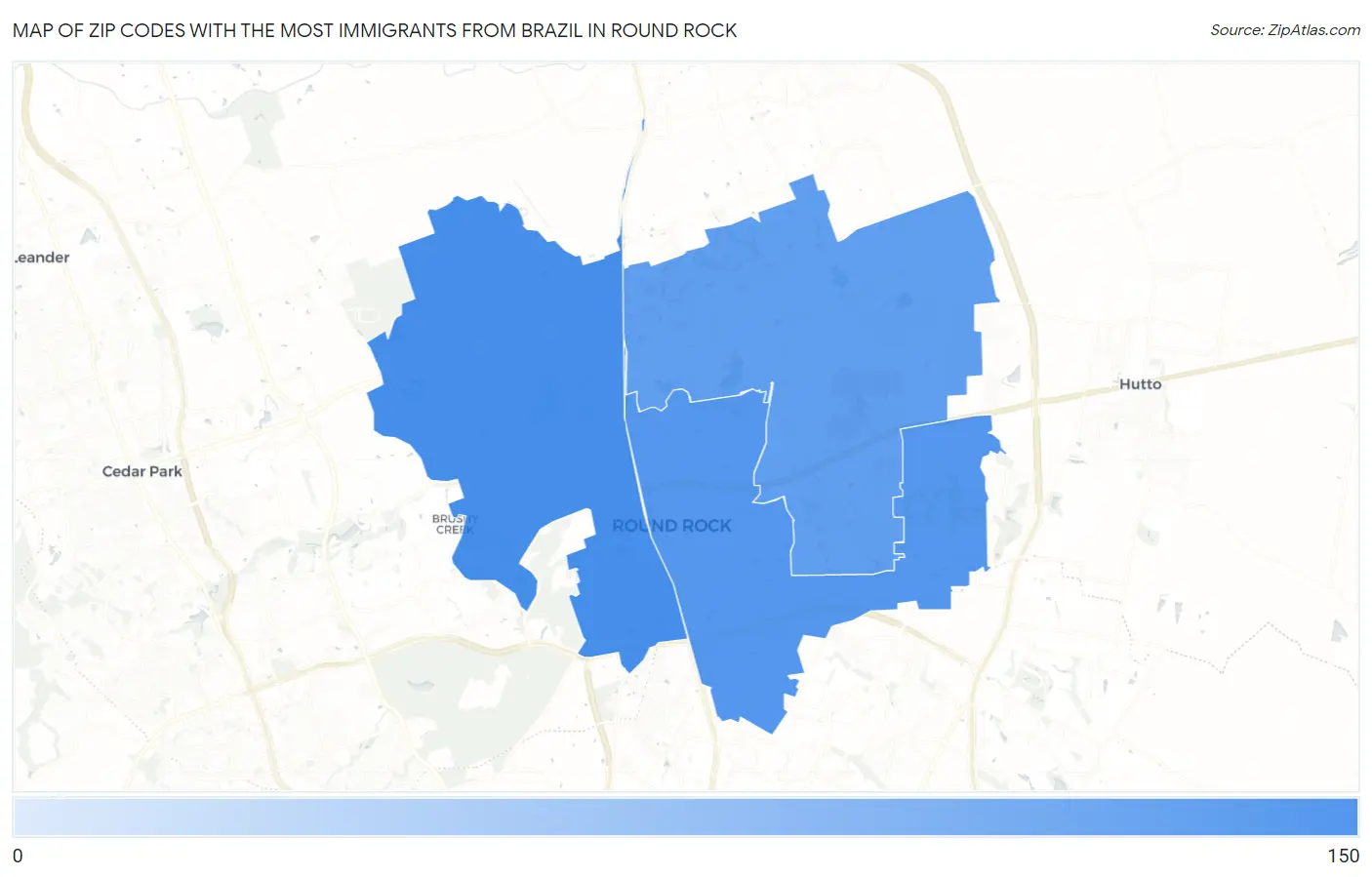 Zip Codes with the Most Immigrants from Brazil in Round Rock Map