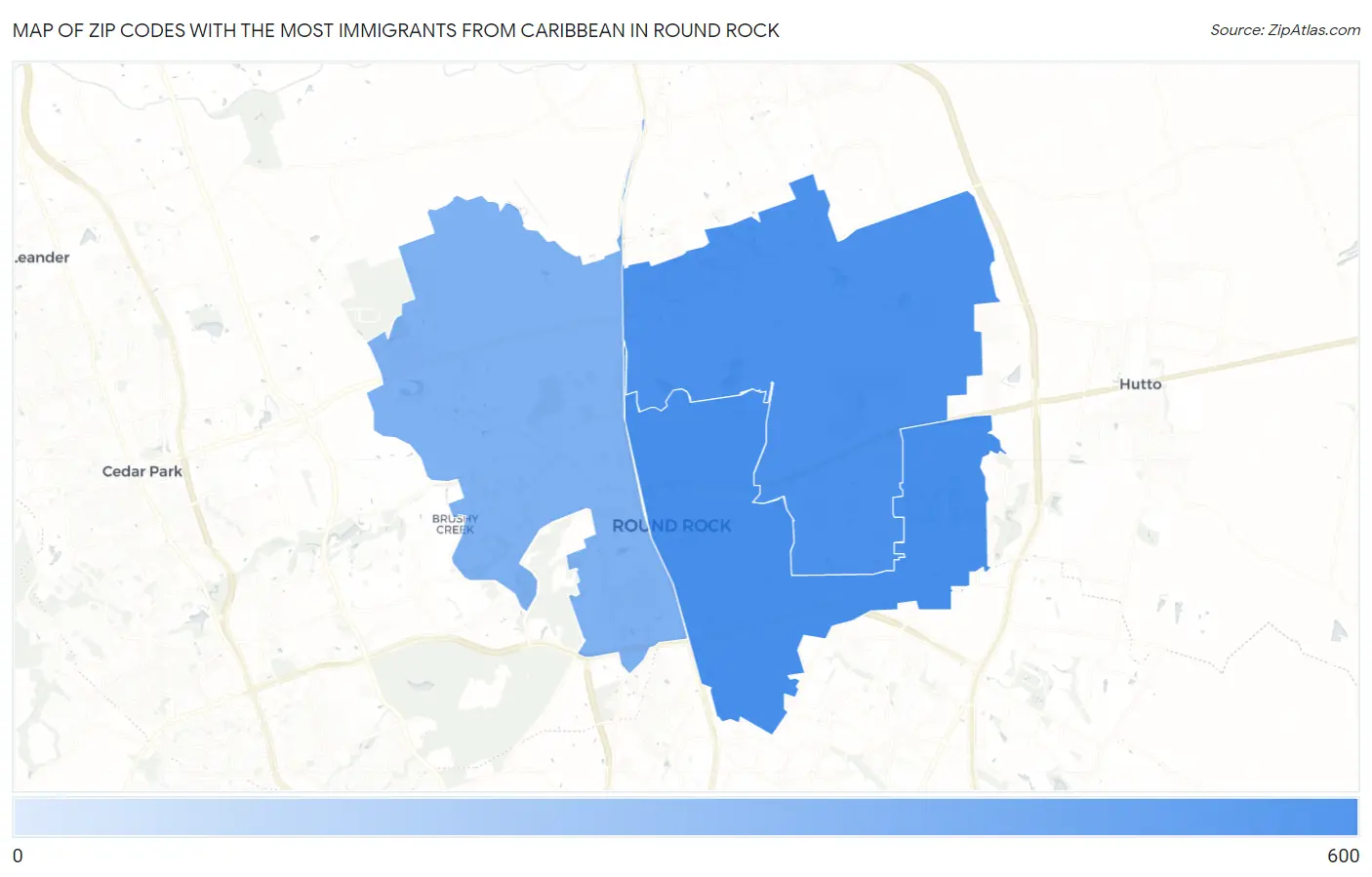 Zip Codes with the Most Immigrants from Caribbean in Round Rock Map