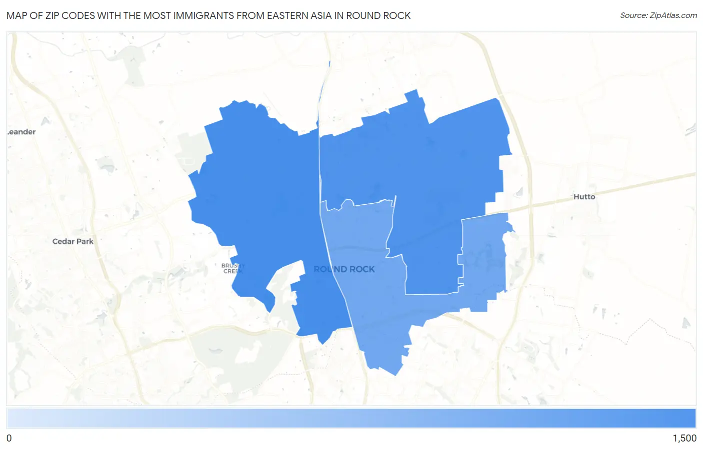 Zip Codes with the Most Immigrants from Eastern Asia in Round Rock Map