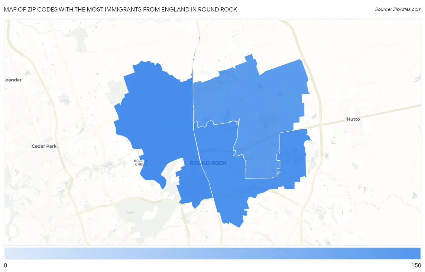 Zip Codes with the Most Immigrants from England in Round Rock Map