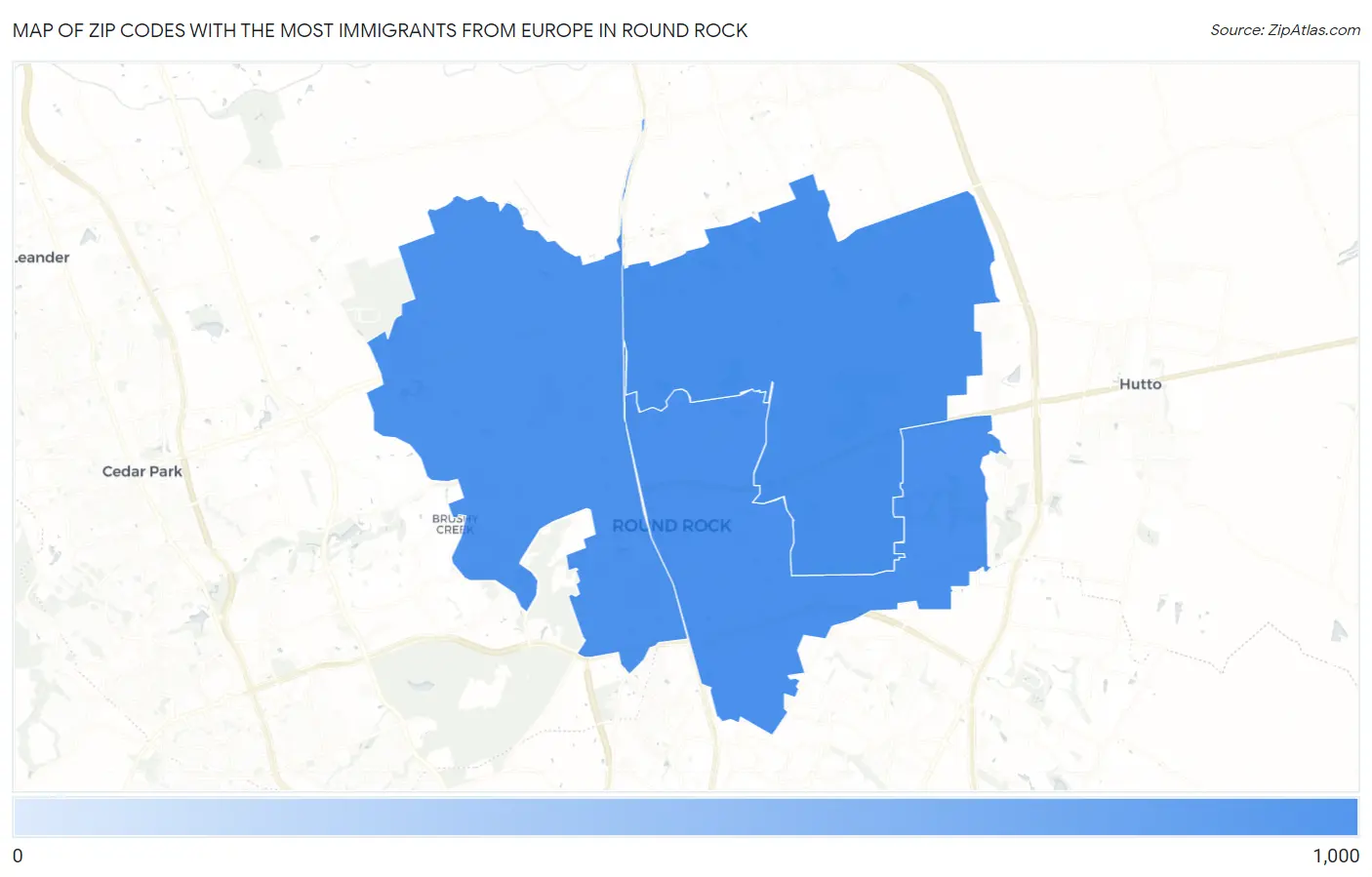 Zip Codes with the Most Immigrants from Europe in Round Rock Map
