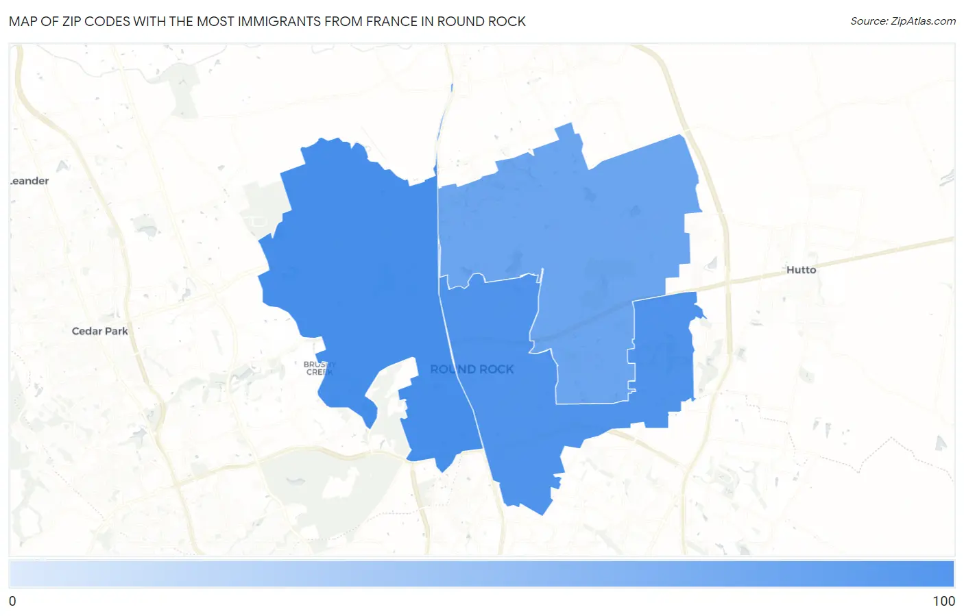 Zip Codes with the Most Immigrants from France in Round Rock Map