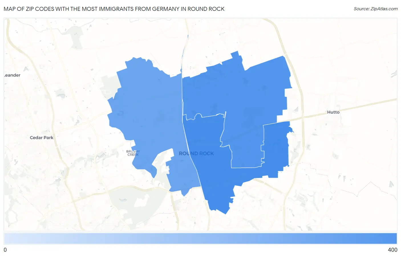 Zip Codes with the Most Immigrants from Germany in Round Rock Map