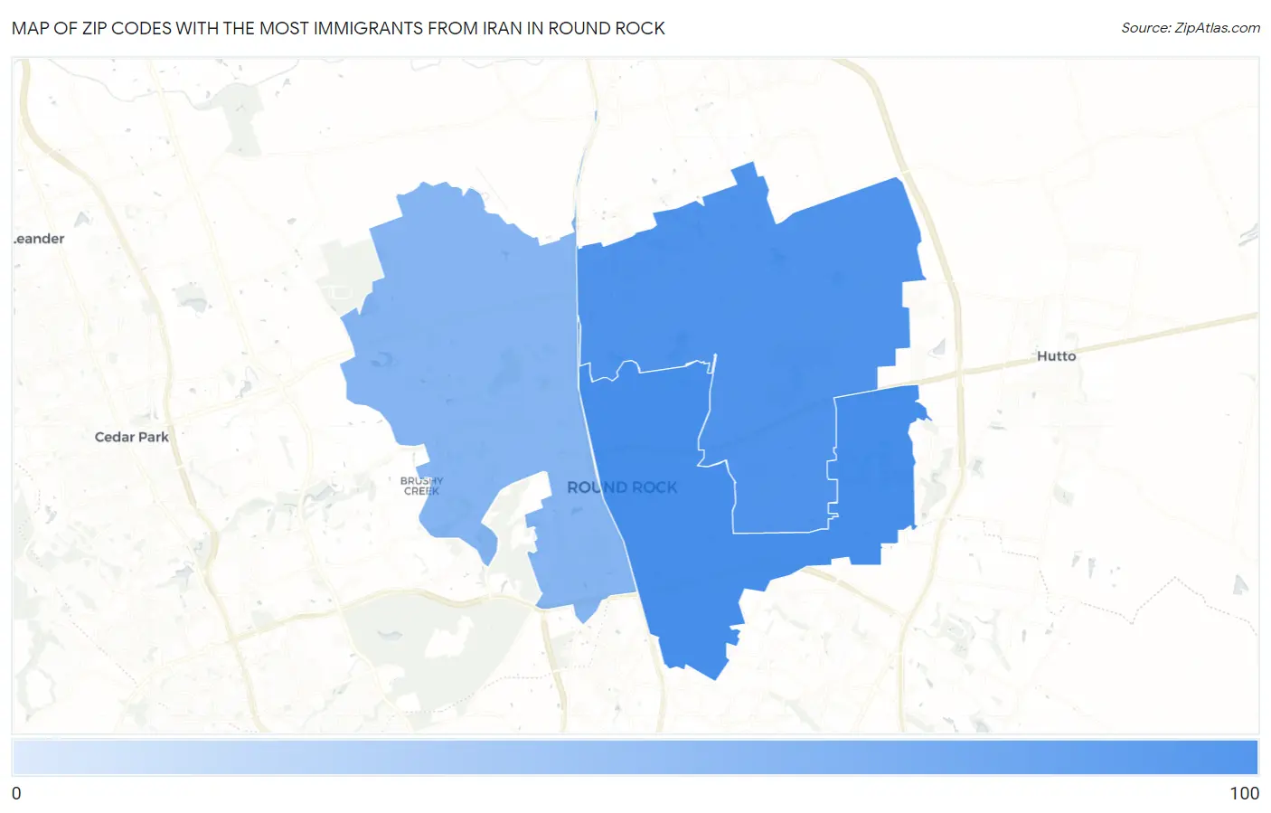 Zip Codes with the Most Immigrants from Iran in Round Rock Map