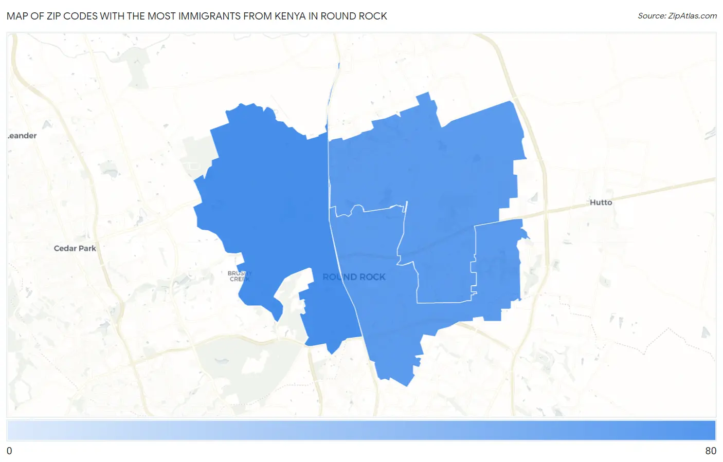 Zip Codes with the Most Immigrants from Kenya in Round Rock Map