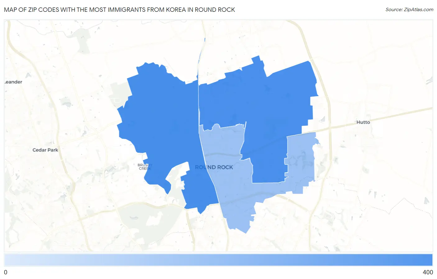 Zip Codes with the Most Immigrants from Korea in Round Rock Map