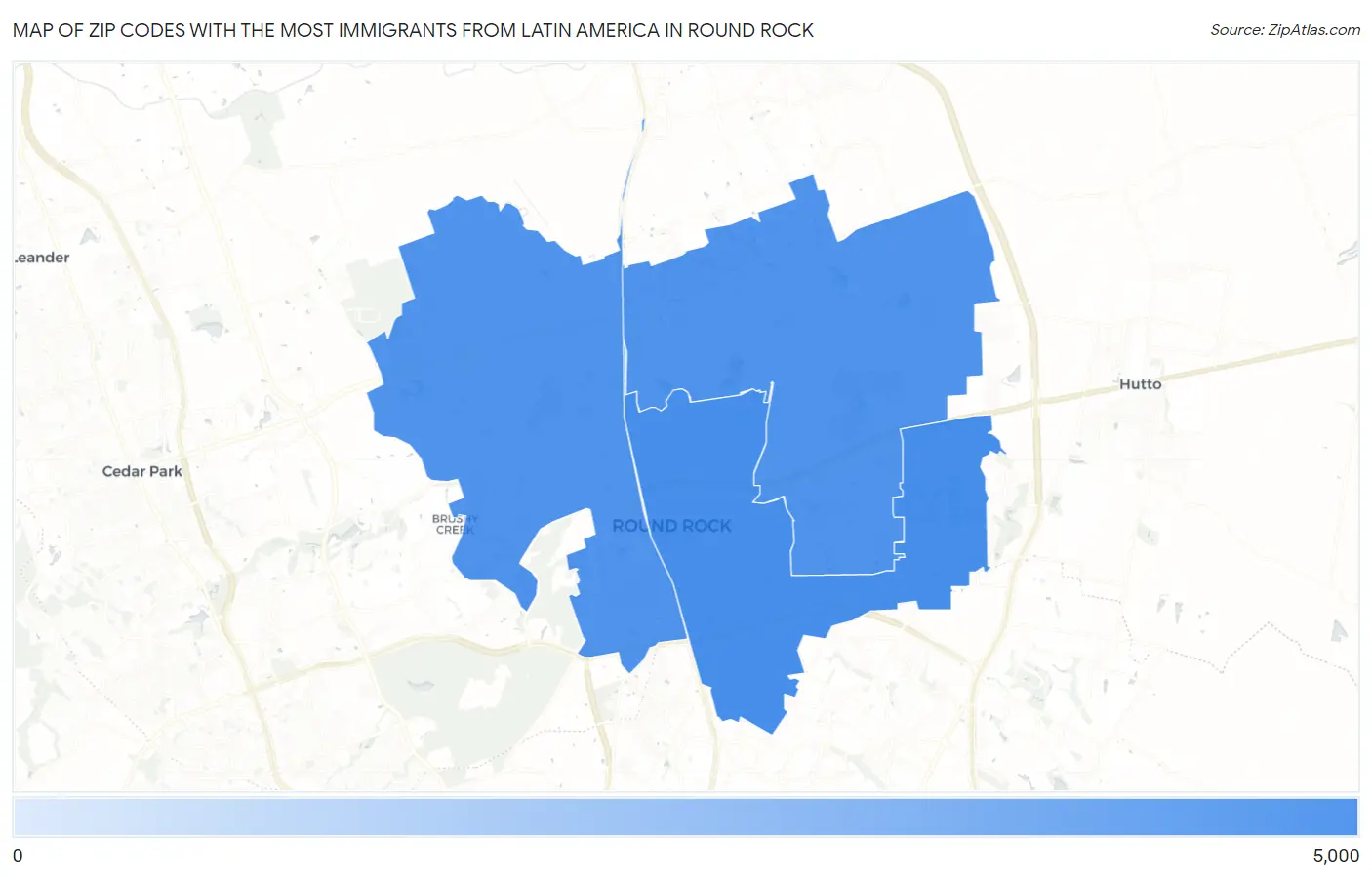 Zip Codes with the Most Immigrants from Latin America in Round Rock Map