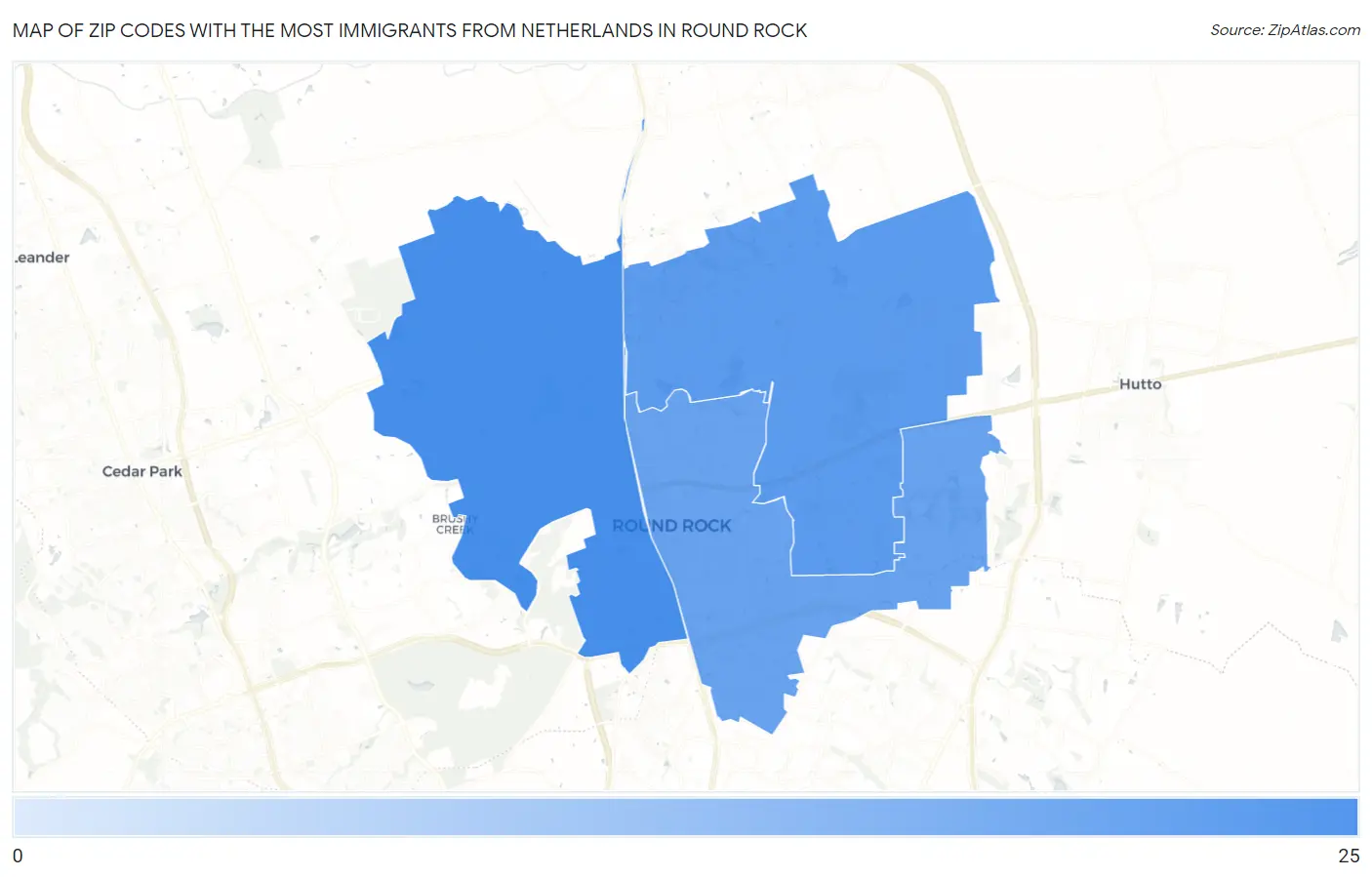 Zip Codes with the Most Immigrants from Netherlands in Round Rock Map