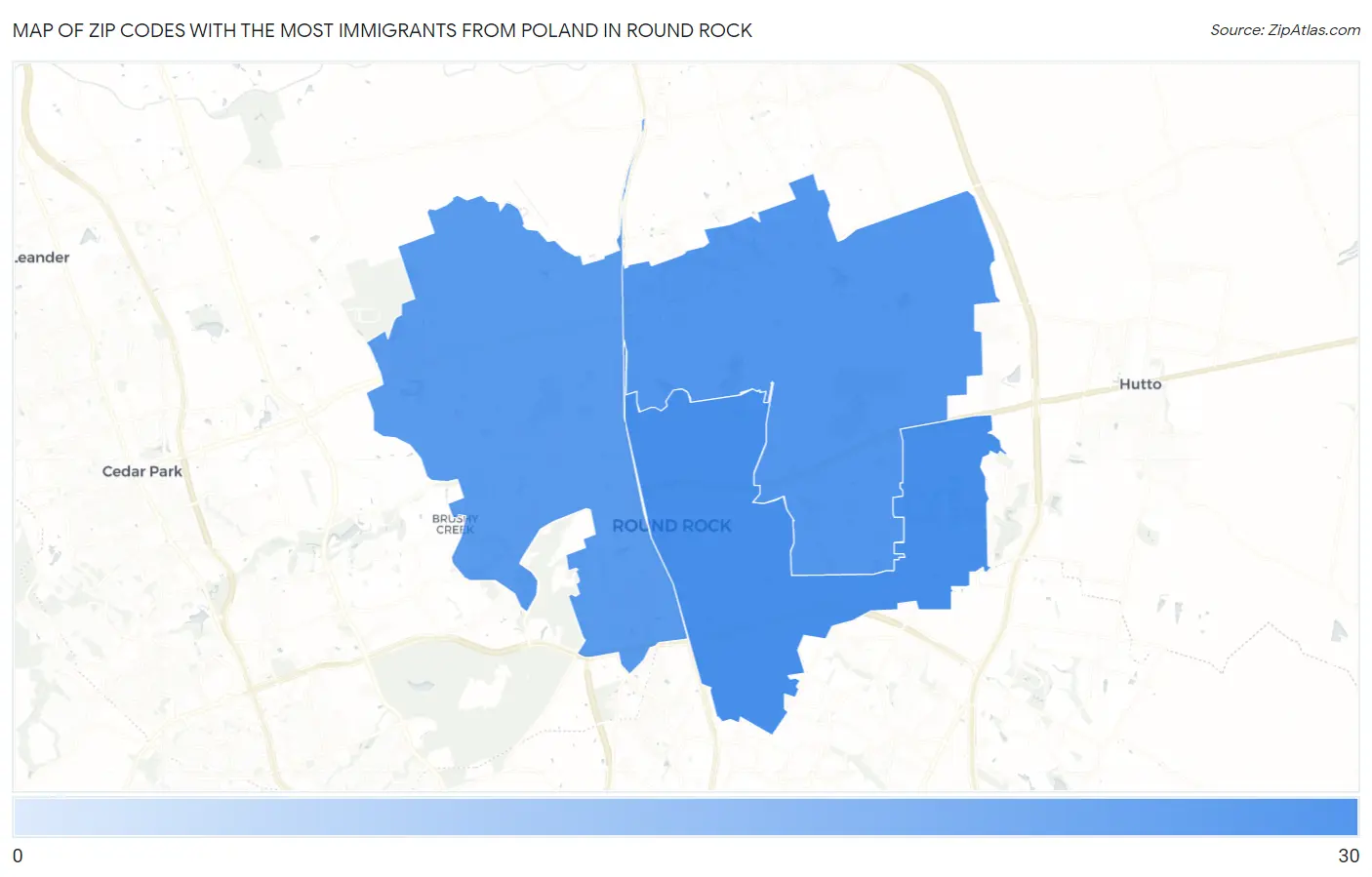 Zip Codes with the Most Immigrants from Poland in Round Rock Map