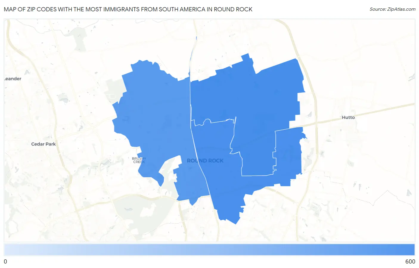 Zip Codes with the Most Immigrants from South America in Round Rock Map
