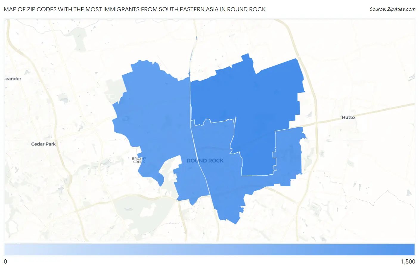 Zip Codes with the Most Immigrants from South Eastern Asia in Round Rock Map