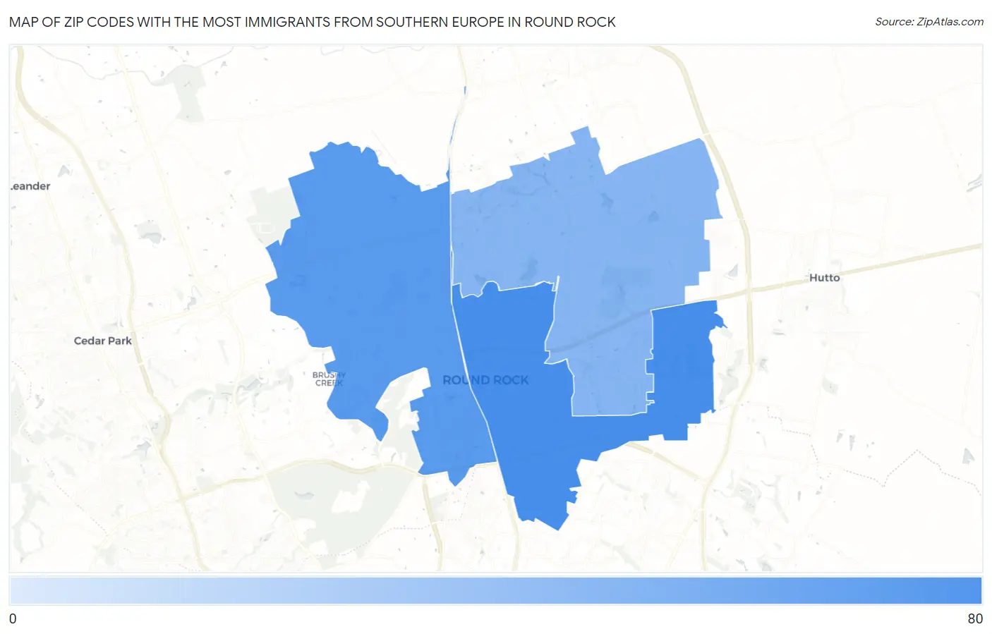 Zip Codes with the Most Immigrants from Southern Europe in Round Rock Map