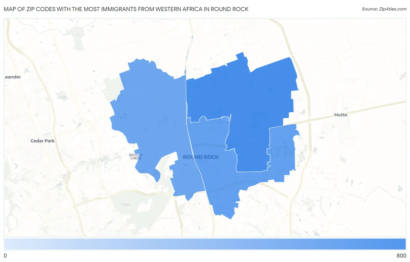 Zip Codes with the Most Immigrants from Western Africa in Round Rock Map