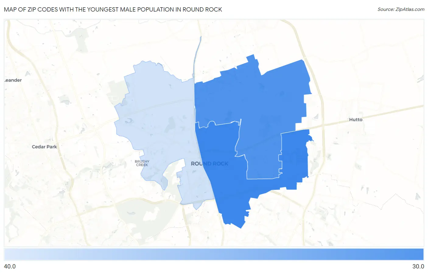 Zip Codes with the Youngest Male Population in Round Rock Map
