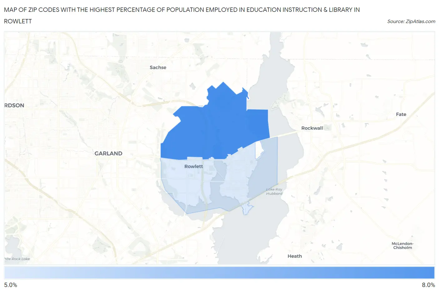 Zip Codes with the Highest Percentage of Population Employed in Education Instruction & Library in Rowlett Map