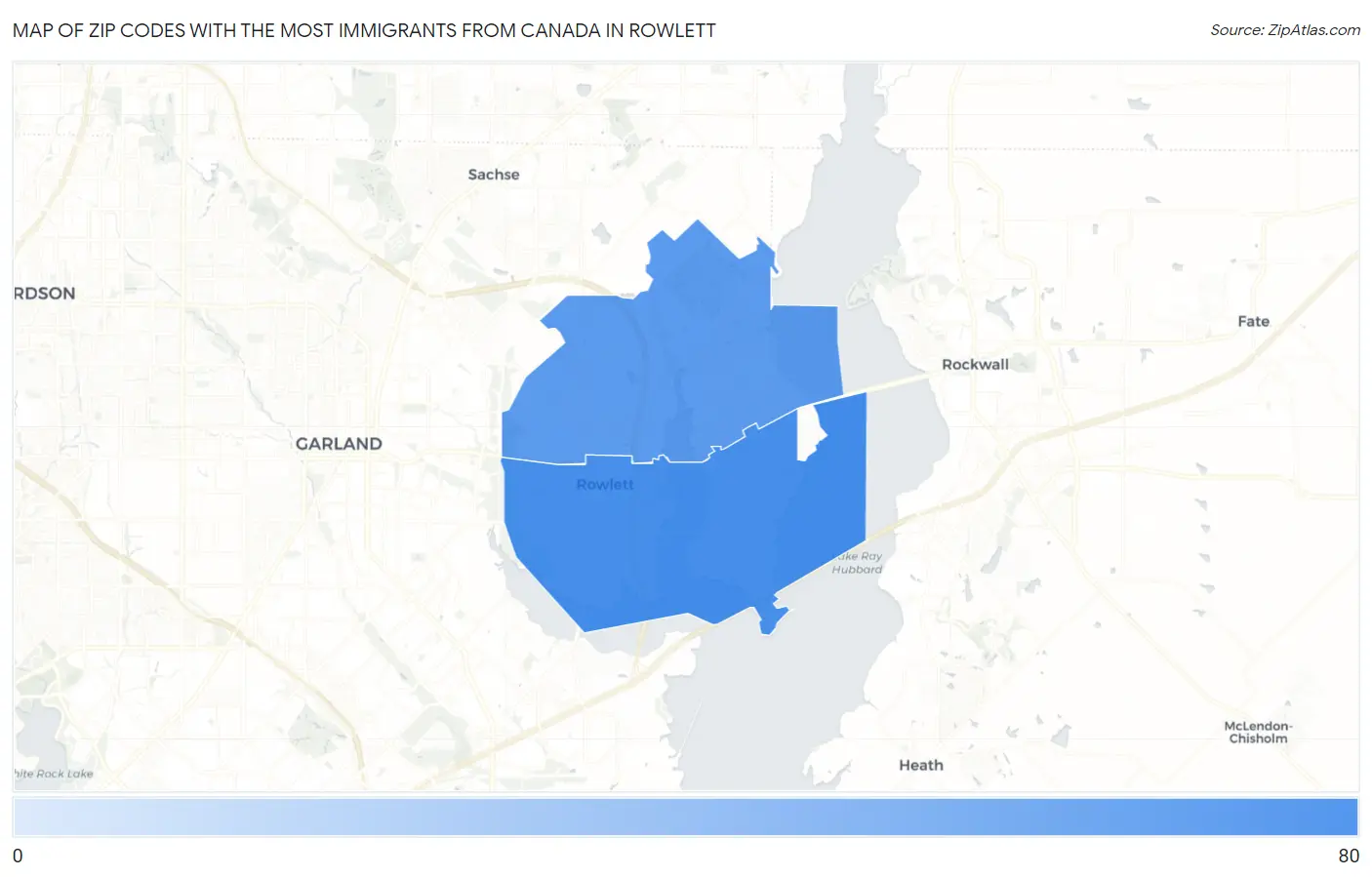 Zip Codes with the Most Immigrants from Canada in Rowlett Map
