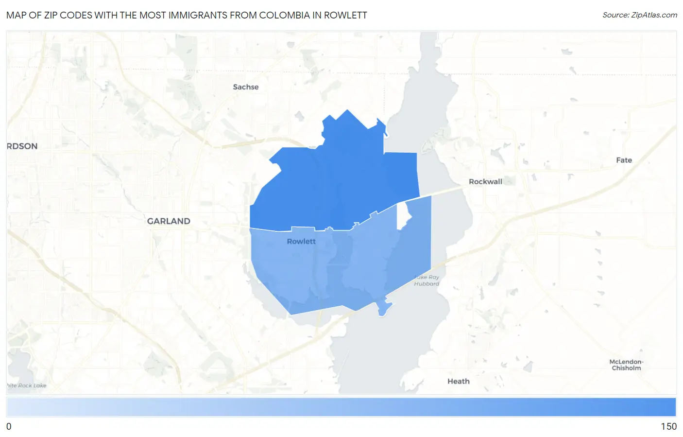 Zip Codes with the Most Immigrants from Colombia in Rowlett Map